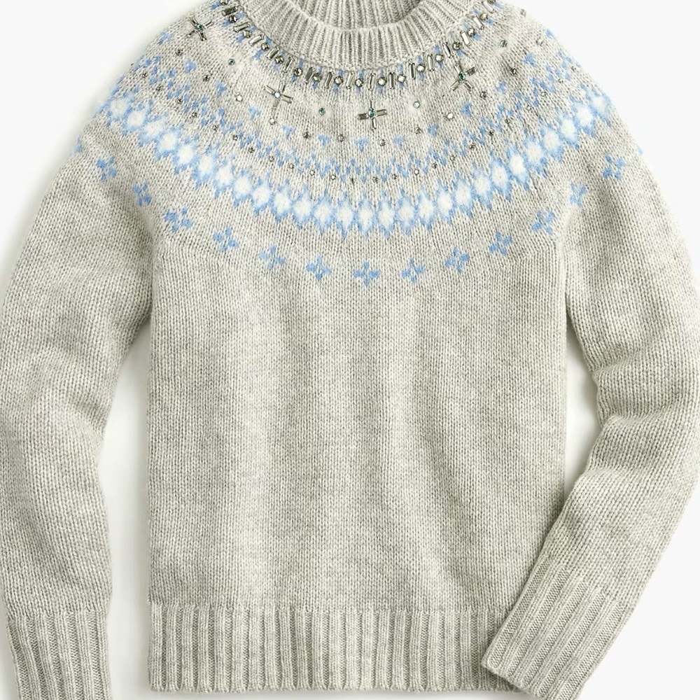J. Crew Light Gray Fair Isle Crewneck Sweater with Pale Blue Accents